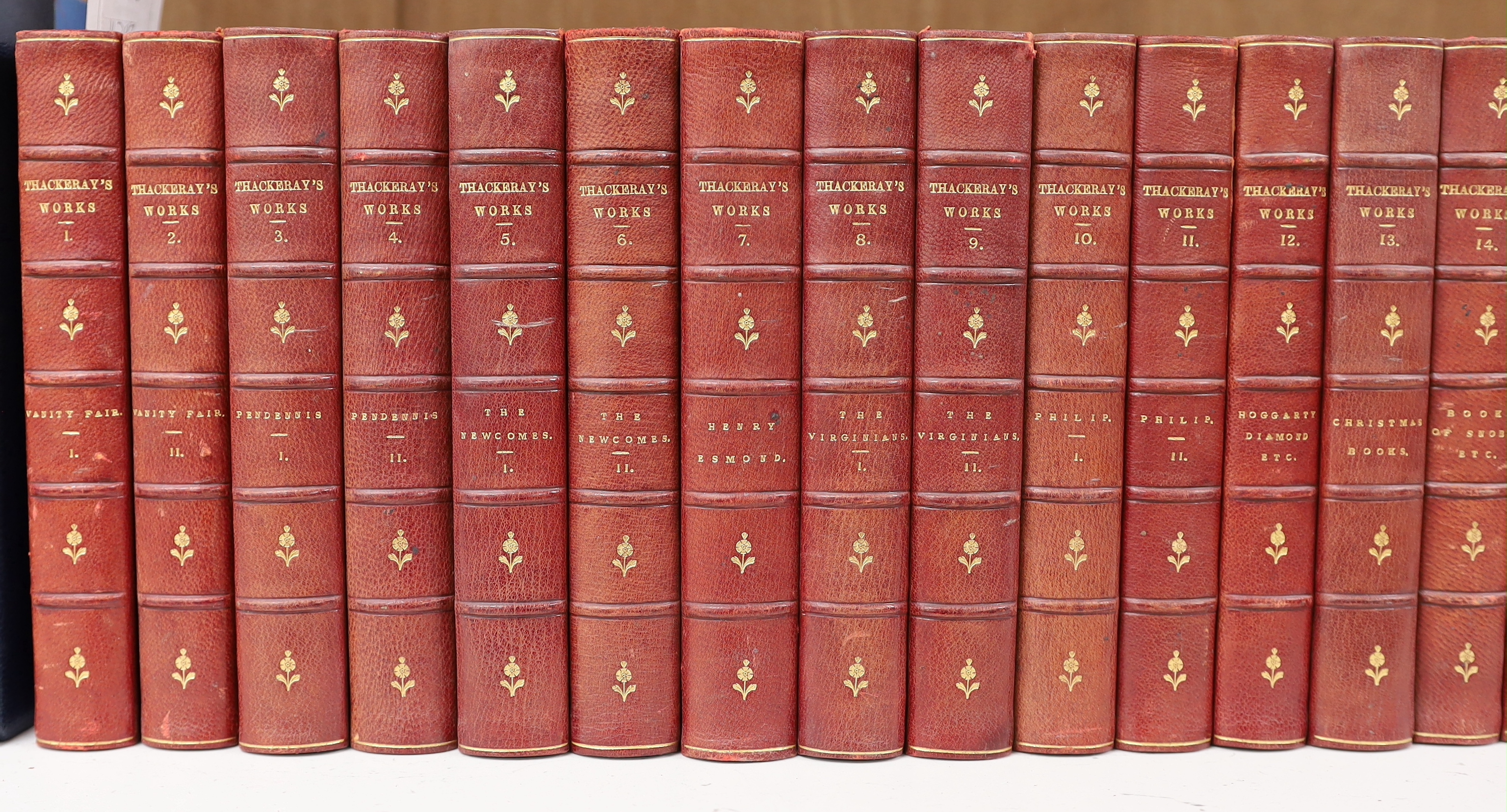 Thackeray, William Makepeace - The Works, 26 vols, 8vo, half red morocco with marbled boards, Smith, Elder & Co., London 1891.